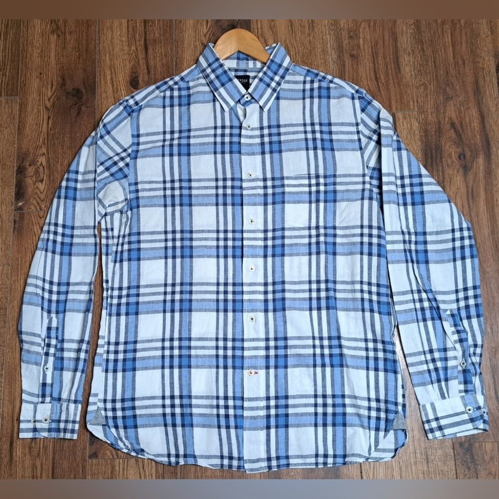 Benson New York Men's Button Down Shirt 100% Linen White Blue Check Large